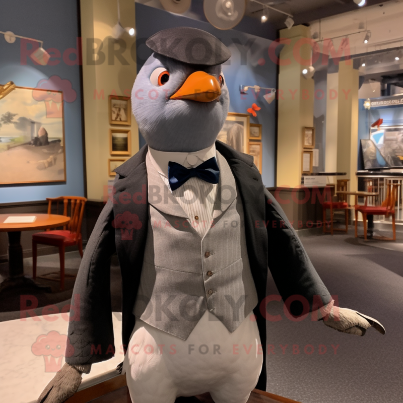 Gray Passenger Pigeon mascot costume character dressed with a Tuxedo and Suspenders