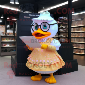 Peach Duck mascot costume character dressed with a Circle Skirt and Reading glasses