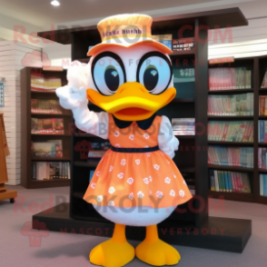 Peach Duck mascot costume character dressed with a Circle Skirt and Reading glasses