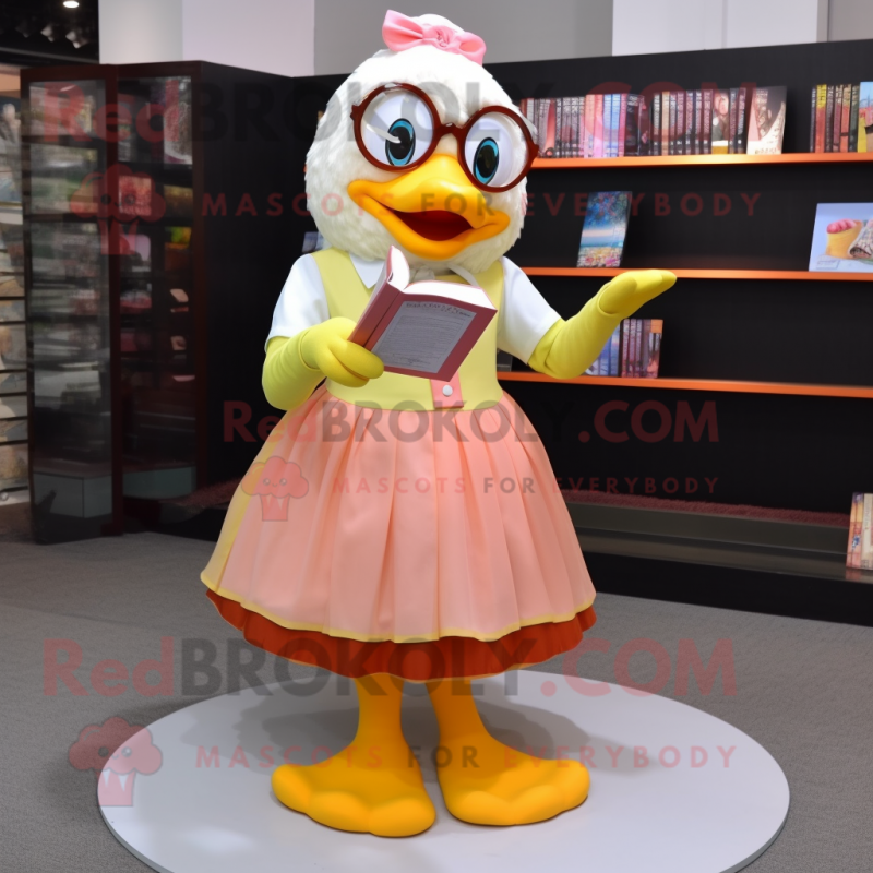 Peach Duck mascot costume character dressed with a Circle Skirt and Reading glasses