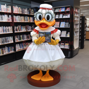 Peach Duck mascot costume character dressed with a Circle Skirt and Reading glasses
