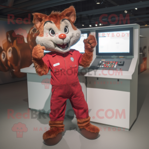 Red Bobcat mascot costume character dressed with a Dungarees and Digital watches