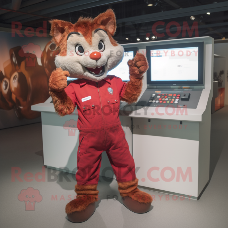 Red Bobcat mascot costume character dressed with a Dungarees and Digital watches