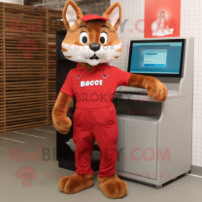 Red Bobcat mascot costume character dressed with a Dungarees and Digital watches