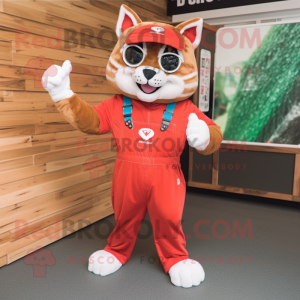 Red Bobcat mascot costume character dressed with a Dungarees and Digital watches