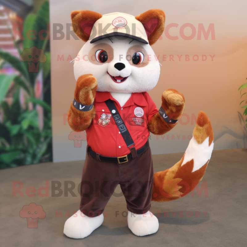 Beige Red Panda mascot costume character dressed with a Flare Jeans and Tie pins