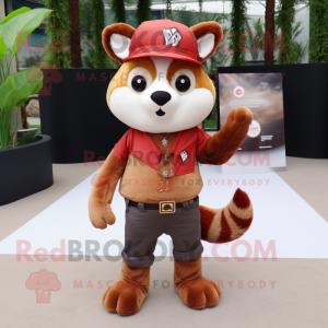 Beige Red Panda mascot costume character dressed with a Flare Jeans and Tie pins