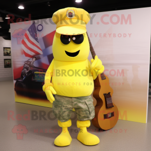 Lemon Yellow American Soldier mascot costume character dressed with a Shorts and Hats