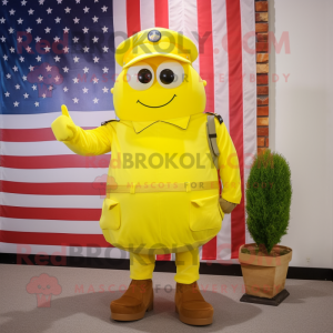 Lemon Yellow American Soldier mascot costume character dressed with a Shorts and Hats