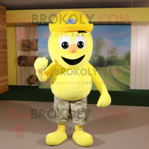 Lemon Yellow American Soldier mascot costume character dressed with a Shorts and Hats