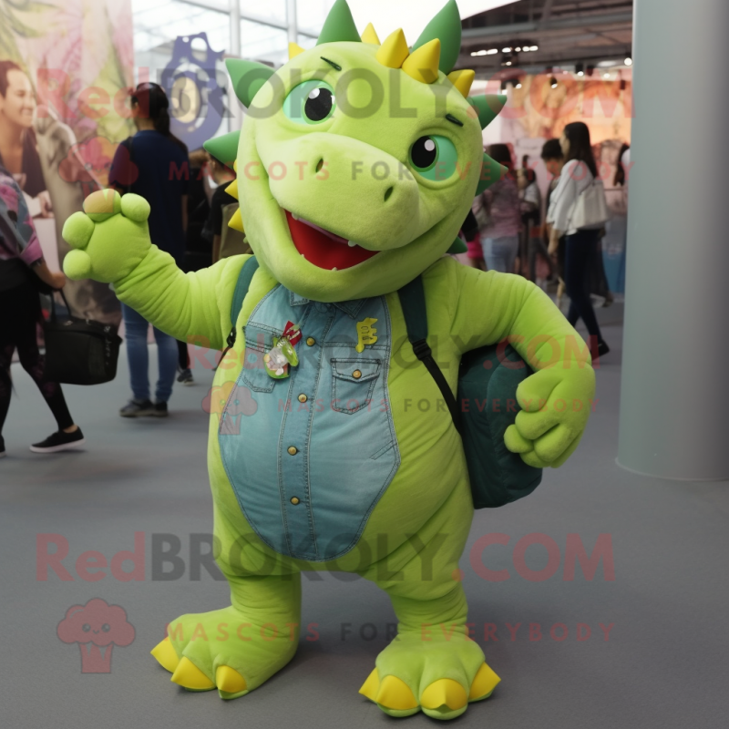 Lime Green Ankylosaurus mascot costume character dressed with a Denim Shirt and Backpacks Lime Green Ankylosaurus mascot costume character dressed with a Denim Shirt and Backpacks