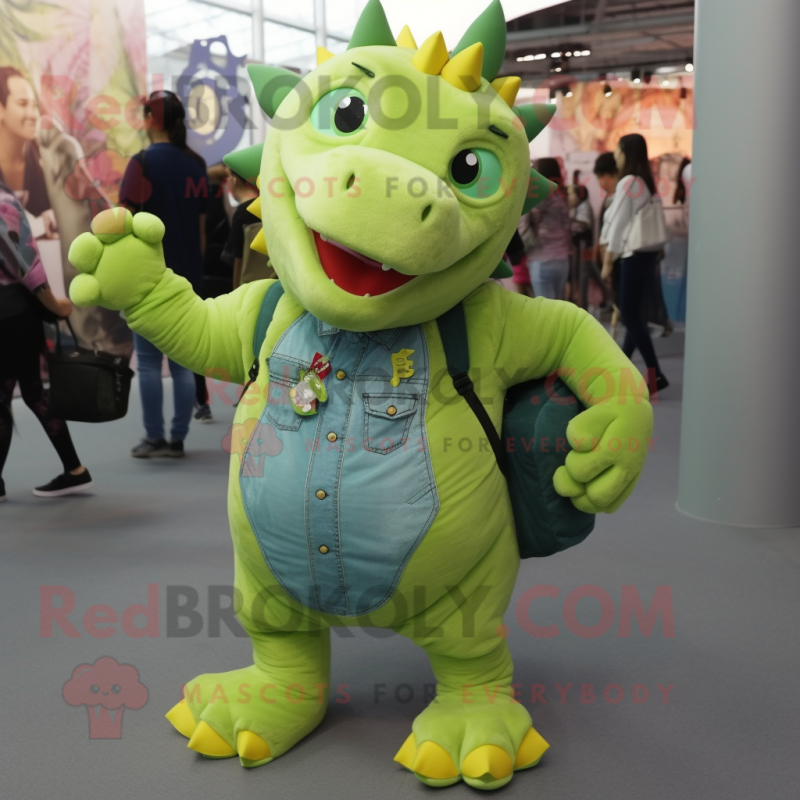 Lime Green Ankylosaurus mascot costume character dressed with a Denim Shirt and Backpacks