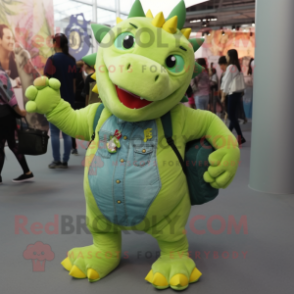 Lime Green Ankylosaurus mascot costume character dressed with a Denim Shirt and Backpacks