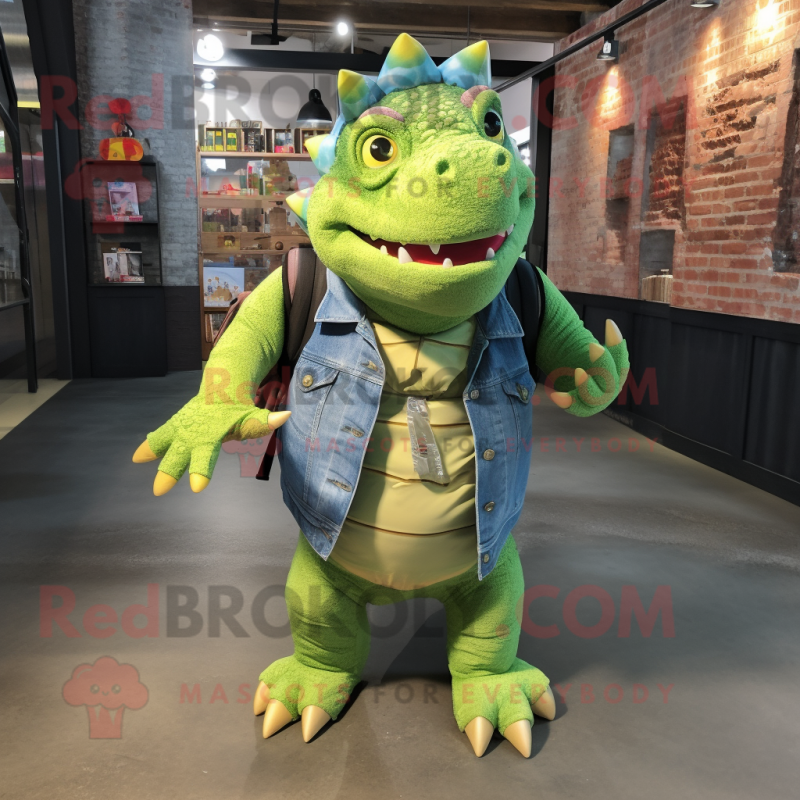 Lime Green Ankylosaurus mascot costume character dressed with a Denim Shirt and Backpacks