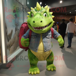 Lime Green Ankylosaurus mascot costume character dressed with a Denim Shirt and Backpacks