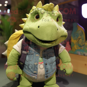 Lime Green Ankylosaurus mascot costume character dressed with a Denim Shirt and Backpacks