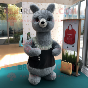 Gray Alpaca mascot costume character dressed with a Sheath Dress and Coin purses