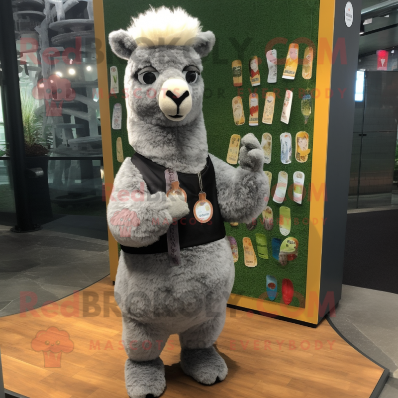 Gray Alpaca mascot costume character dressed with a Sheath Dress and Coin purses
