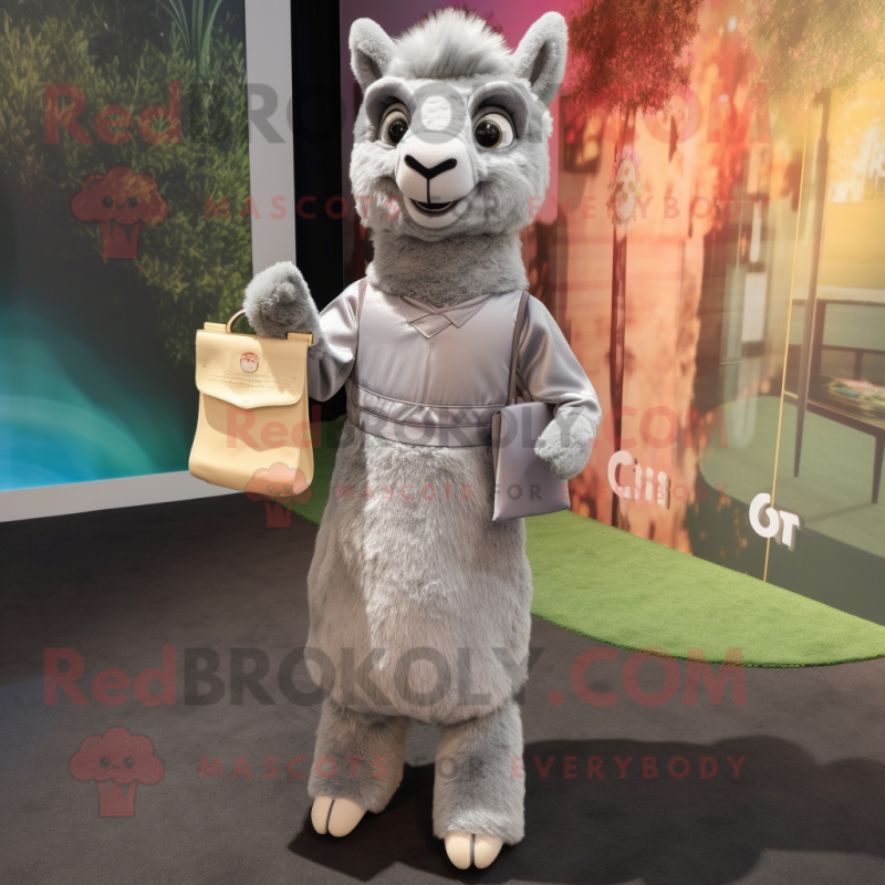 Gray Alpaca mascot costume character dressed with a Sheath Dress and Coin purses