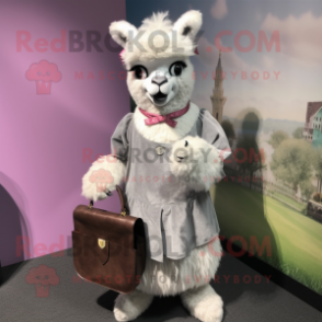 Gray Alpaca mascot costume character dressed with a Sheath Dress and Coin purses
