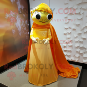 Gold Orange mascot costume character dressed with a Wedding Dress and Scarf clips