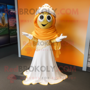 Gold Orange mascot costume character dressed with a Wedding Dress and Scarf clips