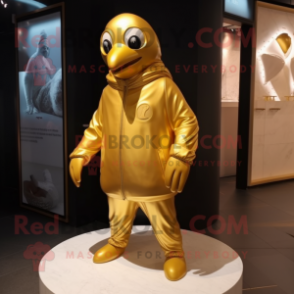 Gold Penguin mascot costume character dressed with a Windbreaker and Cufflinks