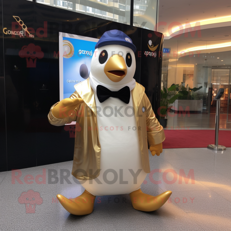 Gold Penguin mascot costume character dressed with a Windbreaker and Cufflinks