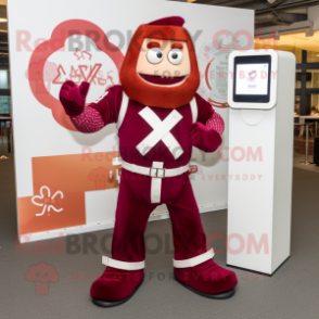 Maroon Celtic Cross mascot costume character dressed with a Bootcut Jeans and Smartwatches