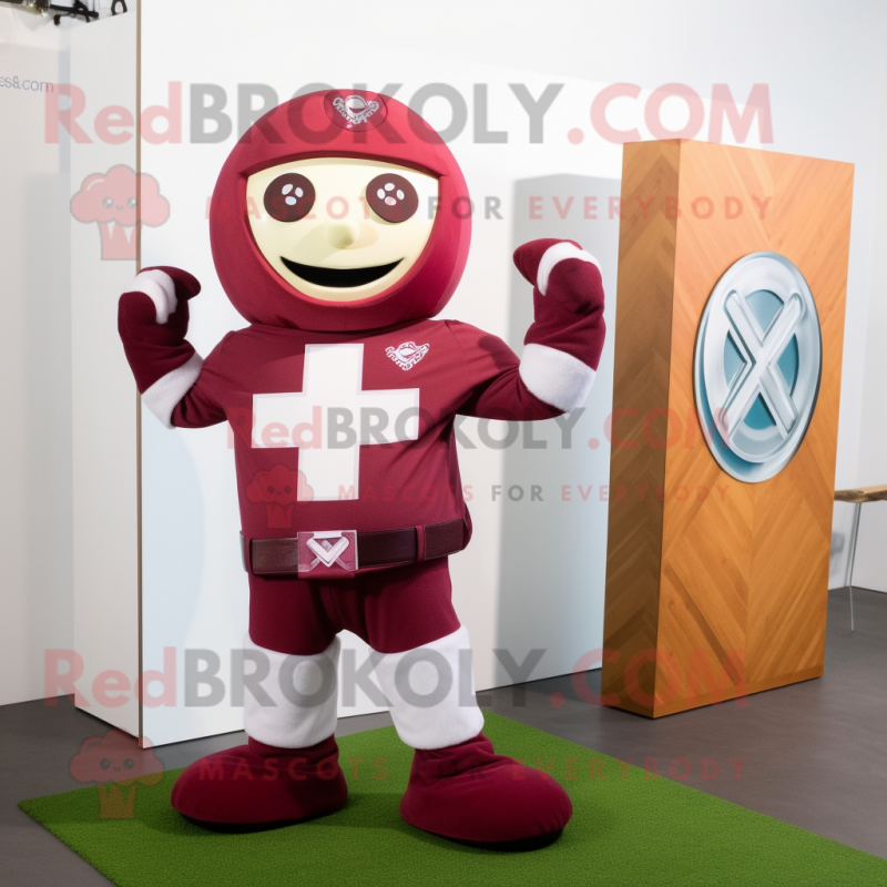 Maroon Celtic Cross mascot costume character dressed with a Bootcut Jeans and Smartwatches Maroon Celtic Cross mascot costume character dressed with a Bootcut Jeans and Smartwatches