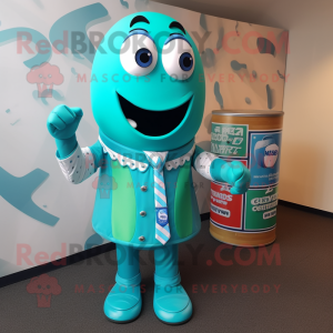 Turquoise Soda Can mascot costume character dressed with a Waistcoat and Cufflinks