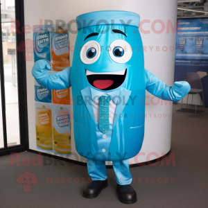 Turquoise Soda Can mascot costume character dressed with a Waistcoat and Cufflinks