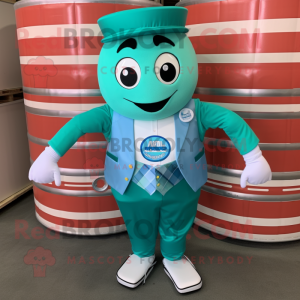 Turquoise Soda Can mascot costume character dressed with a Waistcoat and Cufflinks