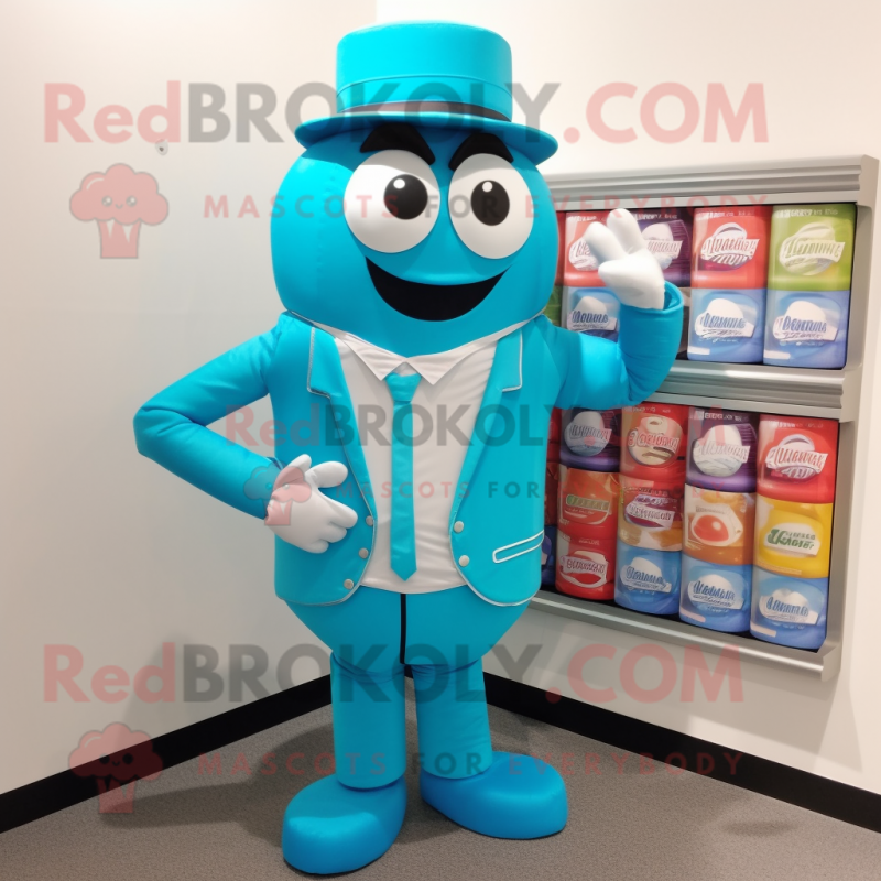 Turquoise Soda Can mascot costume character dressed with a Waistcoat and Cufflinks Turquoise Soda Can mascot costume character dressed with a Waistcoat and Cufflinks
