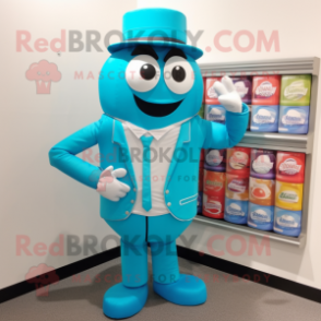 Turquoise Soda Can mascot costume character dressed with a Waistcoat and Cufflinks