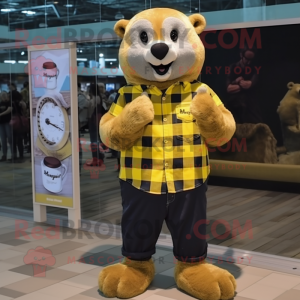 Yellow Otter mascot costume character dressed with a Flannel Shirt and Digital watches