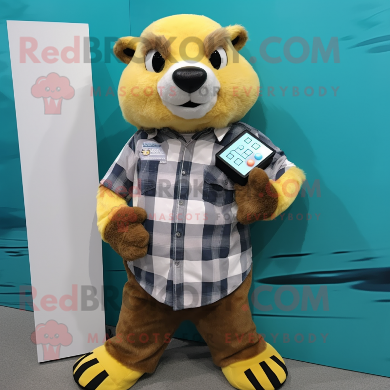 Yellow Otter mascot costume character dressed with a Flannel Shirt and Digital watches