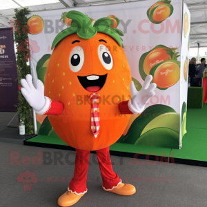 Orange Strawberry mascot costume character dressed with a Dress Shirt and Rings