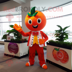 Orange Strawberry mascot costume character dressed with a Dress Shirt and Rings