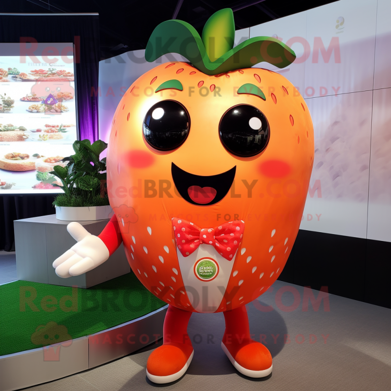 Orange Strawberry mascot costume character dressed with a Dress Shirt and Rings Orange Strawberry mascot costume character dressed with a Dress Shirt and Rings
