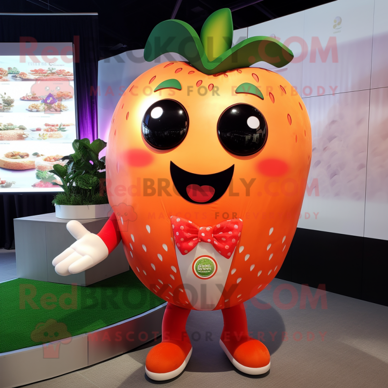 Orange Strawberry mascot costume character dressed with a Dress Shirt and Rings