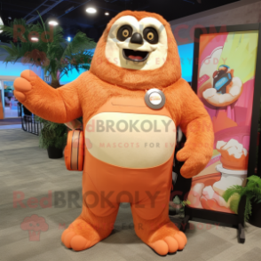 Peach Giant Sloth mascot costume character dressed with a Board Shorts and Wallets