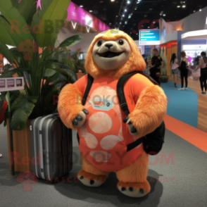 Peach Giant Sloth mascot costume character dressed with a Board Shorts and Wallets