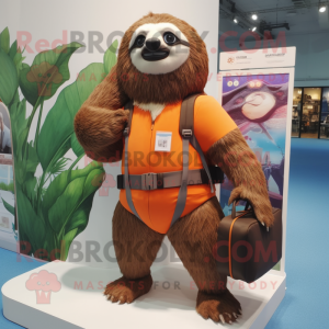 Peach Giant Sloth mascot costume character dressed with a Board Shorts and Wallets
