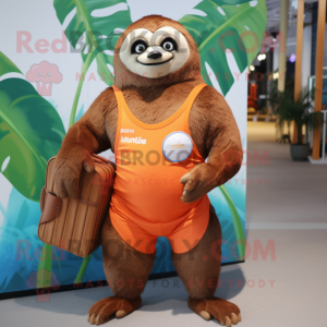 Peach Giant Sloth mascot costume character dressed with a Board Shorts and Wallets