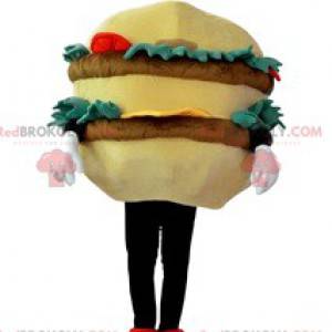 Mascota de hamburguesa gourmet con bistec, ensalada, tomates -