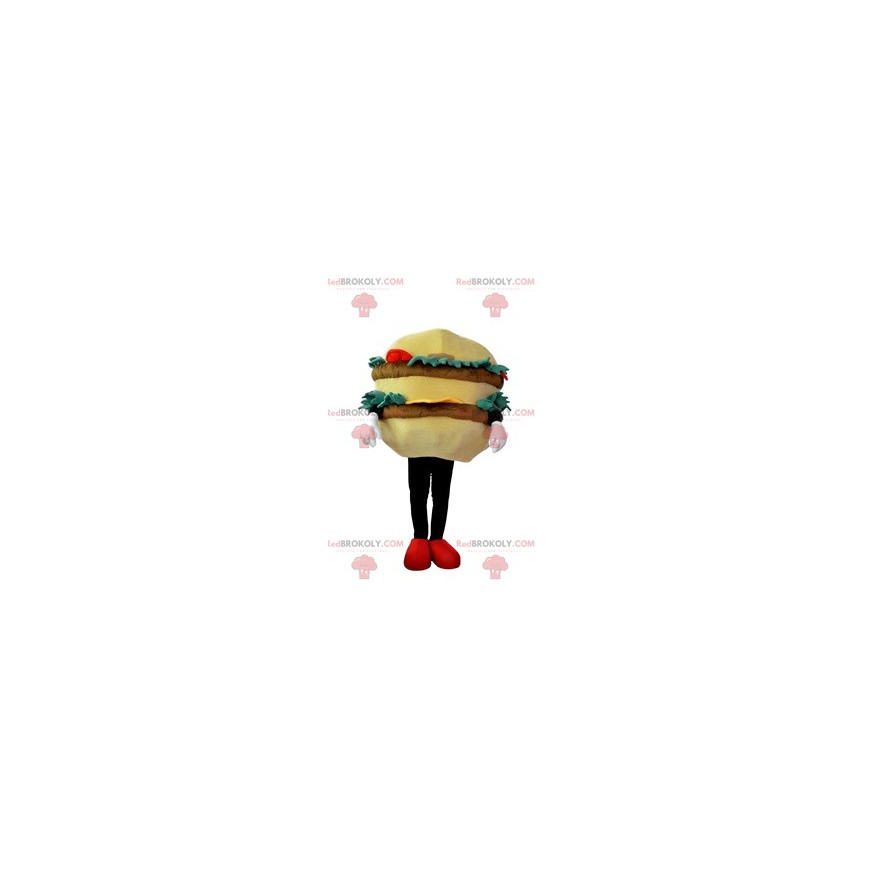 Gourmet-hamburger-maskot med biff, salat, tomater -