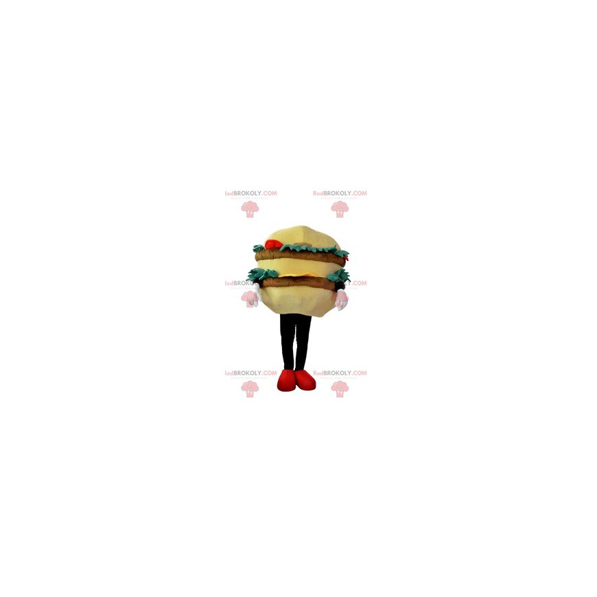 Mascotte de hamburger gourmand avec steak, salade, tomates -