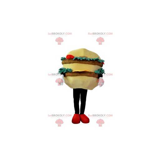 Mascote de hambúrguer gourmet com bife, salada, tomate -
