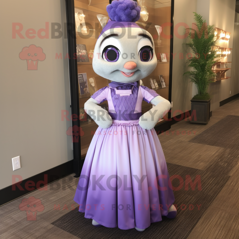 Lavender Hourglass mascot costume character dressed with a Skirt and Suspenders